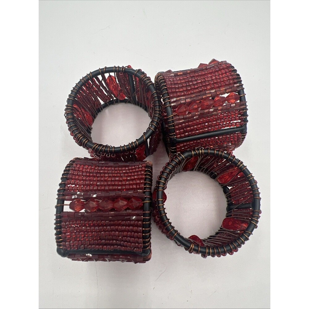Pier 1 Napkin Rings Jeweled Tone Christmas Valentines Moroccan Red Beaded Set 4